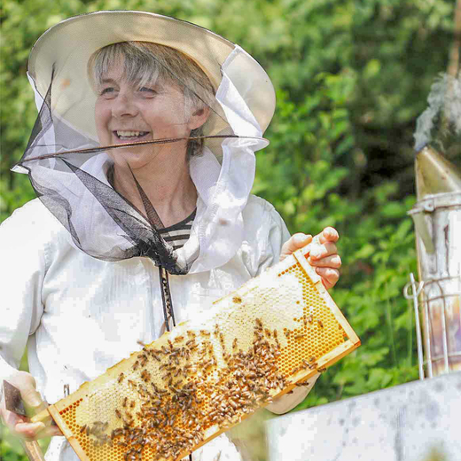 Imkermeisterin Helga Pausch zeigt stolz ihre Bienen